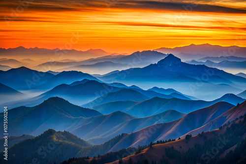 A stunning mountain landscape at sunset, showcasing layered peaks and a vibrant sky filled with orange, red, and blue hues.