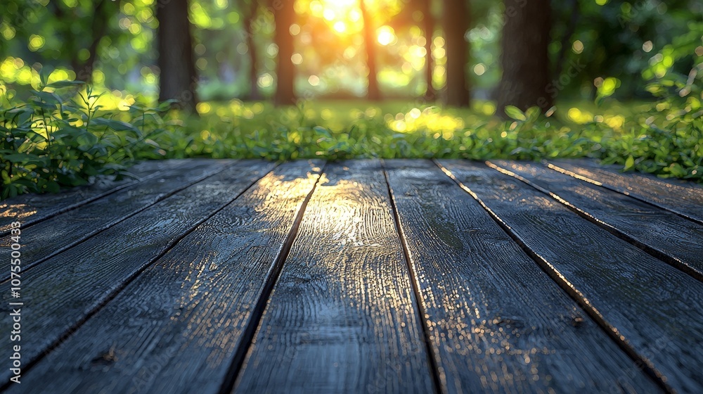 A serene wooden deck surrounded by lush greenery and sunlight filtering through trees. A serene wooden deck surrounded by lush greenery and sunlight filtering through trees.