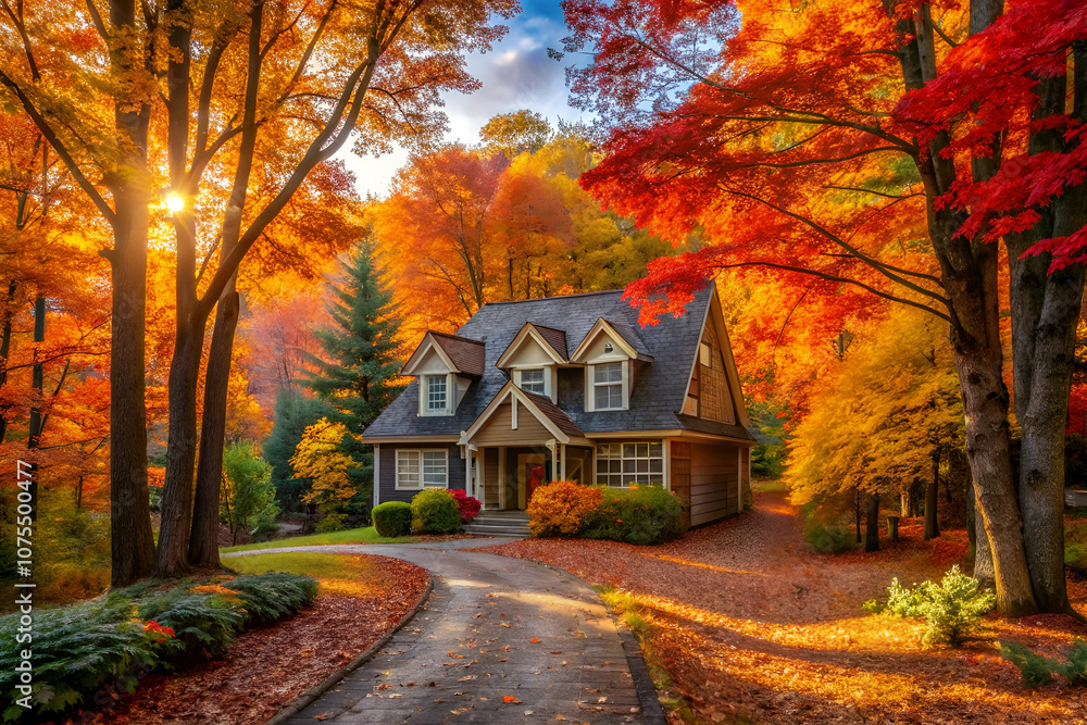 A cozy home nestled among vibrant autumn trees, showcasing brilliant red, orange, and yellow foliage in a serene setting. A cozy home nestled among vibrant autumn trees, showcasing brilliant red, orange, and yellow foliage in a serene setting.