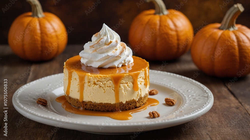 Mini round pumpkin pie cheesecake with whipped cream on top and three small orange pumpkins in background Mini round pumpkin pie cheesecake with whipped cream on top and three small orange pumpkins in background