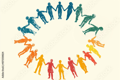 Illustration of multiple people holding hands in the shape of a circle.