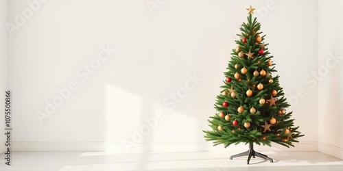 Tall evergreen Christmas tree stands alone in a bright room with soft warm glow from the lights and ornaments, room, snowless interior photo