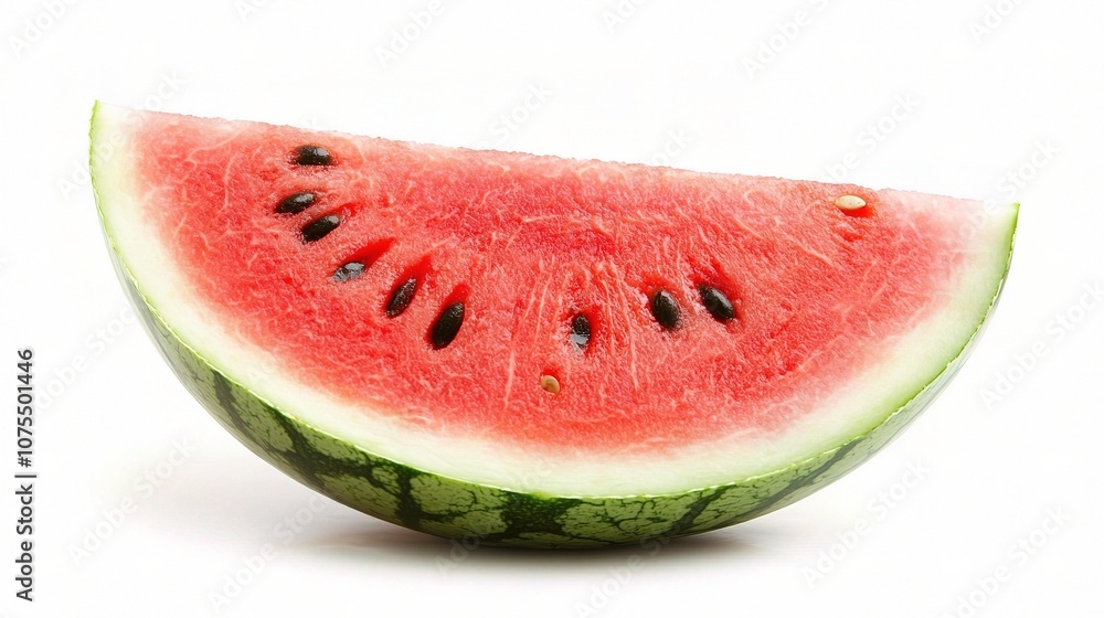 Freshly Cut Slice of Juicy Watermelon Isolated on White Background, Perfect for Seasonal Refreshment and Healthy Snacking in Summer Freshly Cut Slice of Juicy Watermelon Isolated on White Background, Perfect for Seasonal Refreshment and Healthy Snacking in Summer