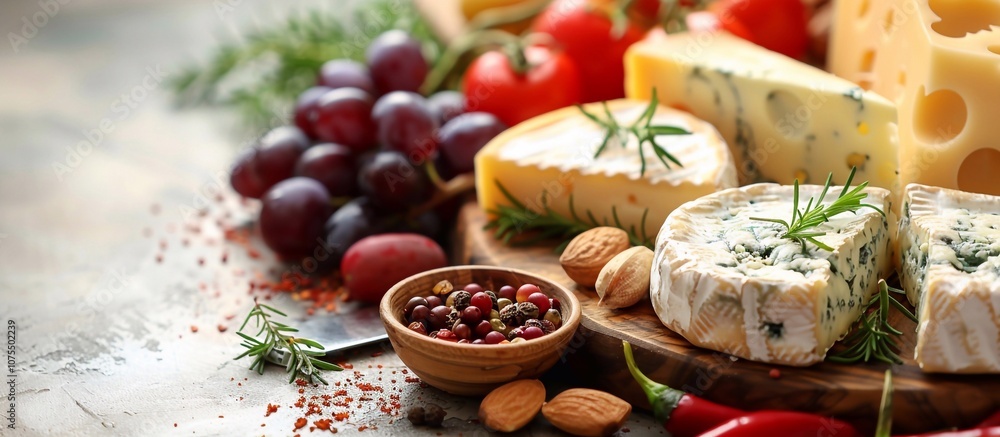 Assortment of cheeses displayed on cheese platter with grapes, nuts, knife, and spices on white tiled background with copy space image Assortment of cheeses displayed on cheese platter with grapes, nuts, knife, and spices on white tiled background with copy space image