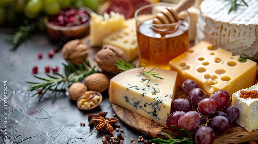 Assortment of cheeses displayed on cheese platter with grapes, nuts, knife, and spices on black tiled background with copy space image Assortment of cheeses displayed on cheese platter with grapes, nuts, knife, and spices on black tiled background with copy space image