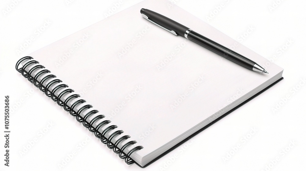 Isolated Spiral Notebook with Blank Pages and Black Pen on White Background for Creative Ideas, Note-taking and Artwork in Professional Settings Isolated Spiral Notebook with Blank Pages and Black Pen on White Background for Creative Ideas, Note-taking and Artwork in Professional Settings