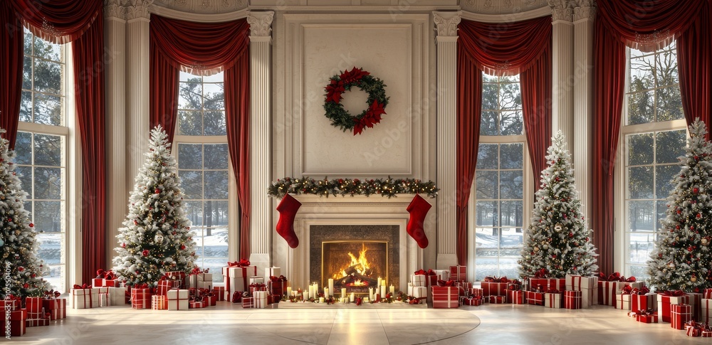 Fototapeta premium Decorated with festive decor and bright holiday gifts, this living room is the perfect place to get into the holiday spirit