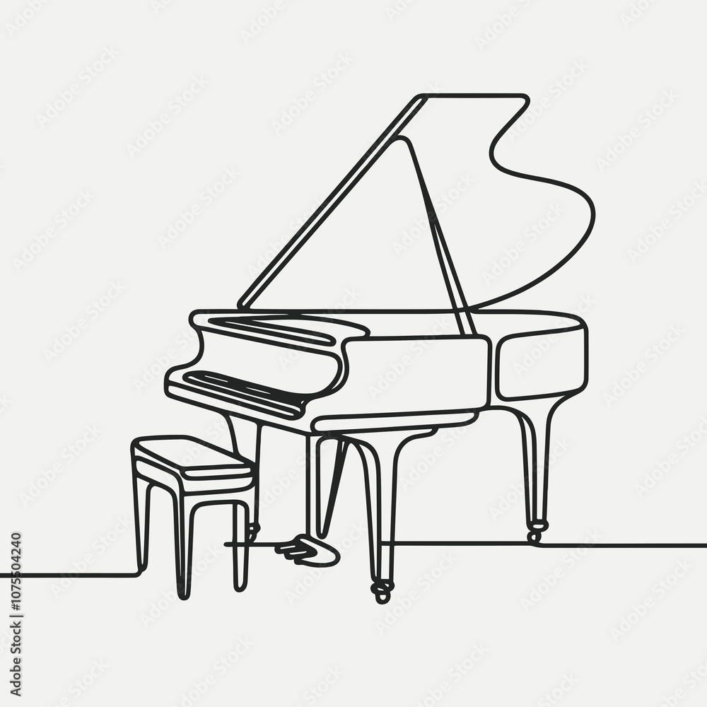 A simple continuous line drawing of a grand piano. The artwork is minimalistic, capturing the essence of the object with a single unbroken line A simple continuous line drawing of a grand piano. The artwork is minimalistic, capturing the essence of the object with a single unbroken line