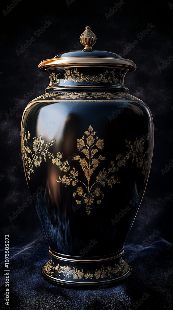 a black funeral urn with gold ornamentation, placed against a dark velvet background, accent lighting, soft shadows a black funeral urn with gold ornamentation, placed against a dark velvet background, accent lighting, soft shadows