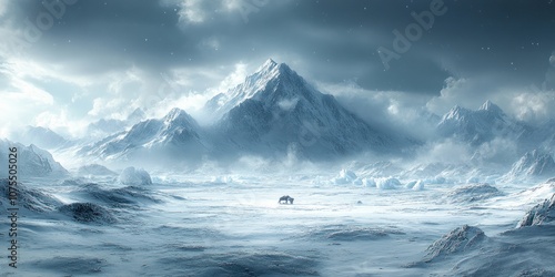 Wallpaper Mural A lone figure stands in a snowy landscape with a mountain range in the background. Torontodigital.ca