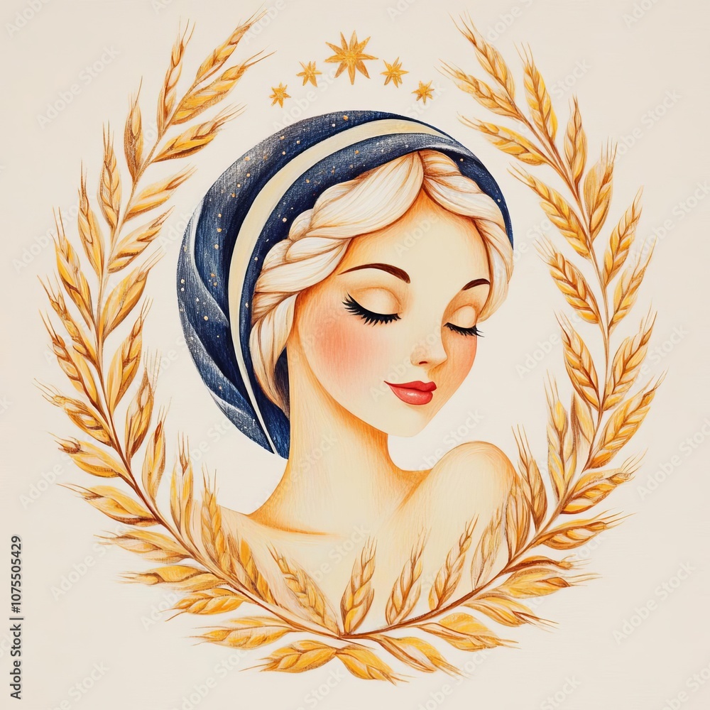 Virgo maiden surrounded by wheat, symbol of purity and earth Virgo maiden surrounded by wheat, symbol of purity and earth