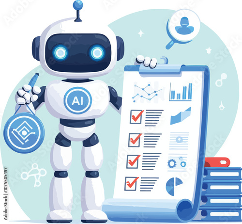 A robot with AI symbol holding data charts and documents points to a checklist on a scroll. Ideal for technology, artificial intelligence, data analysis, automation, and innovation. Simple vector art 