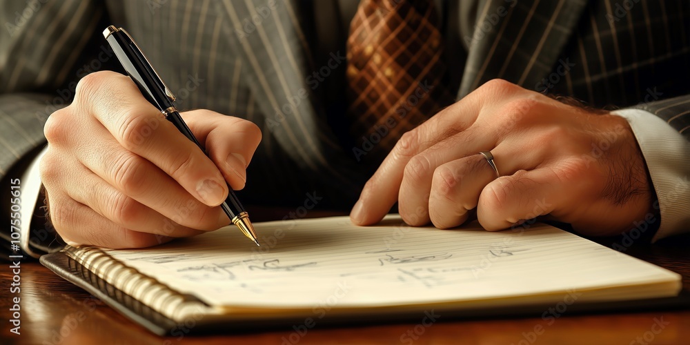 suited professional taking notes in a stylish notebook suited professional taking notes in a stylish notebook