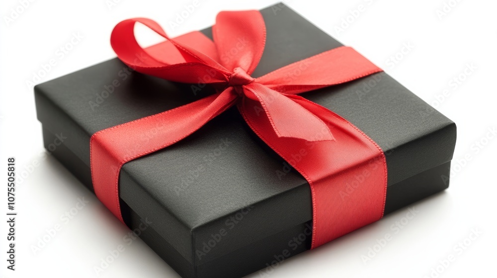 black gift box with red ribbon against white background black gift box with red ribbon against white background