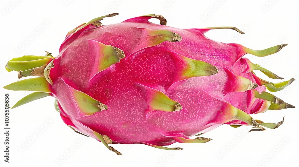 Fototapeta premium Vibrant Dragon Fruit Isolated on White Background, Showcasing its Unique Pink Skin and Green Scales for Fresh Produce and Healthy Lifestyle Concepts
