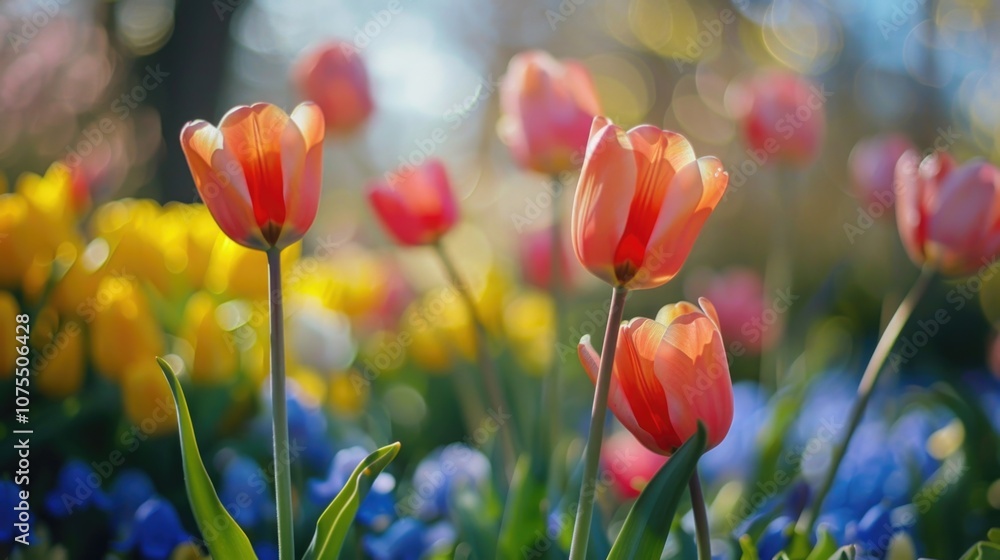 Fototapeta premium Tulip buds. Floral background. A beautiful flower on a blurred background. Spring or summer season. A place for the text.