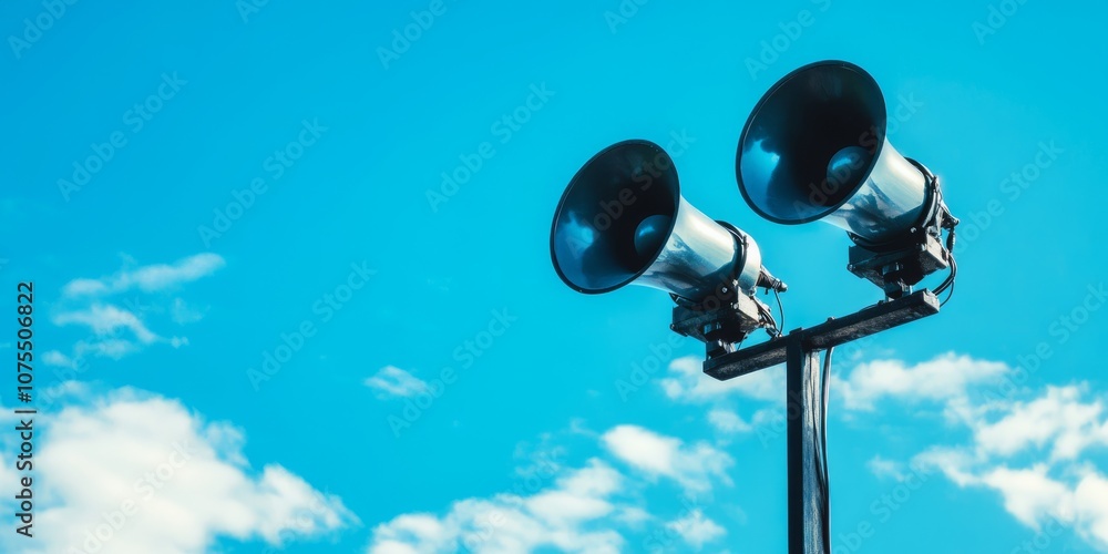 Powerful loudspeakers mounted on a sturdy pole stand out against a bright blue sky, designed to broadcast crucial public alerts and important announcements for community safety and security Powerful loudspeakers mounted on a sturdy pole stand out against a bright blue sky, designed to broadcast crucial public alerts and important announcements for community safety and security