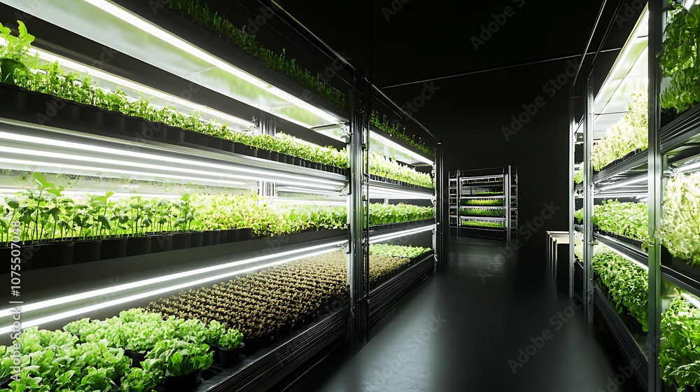 Fototapeta premium Indoor Vertical Farming with LED Lights for Sustainable and Efficient Crop Production in Urban Environments