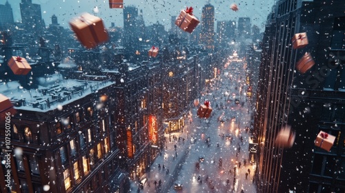 gifts falling from the sky in the snowy city ata the night photo