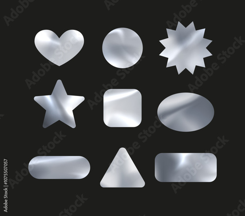 Vector set holographic silver stickers in the form of geometric shapes on a black background.