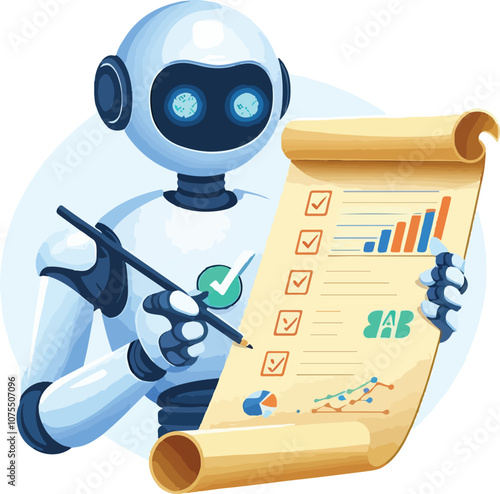 A robot with AI symbol holding data charts and documents points to a checklist on a scroll. Ideal for technology, artificial intelligence, data analysis, automation, and innovation. Simple vector art 