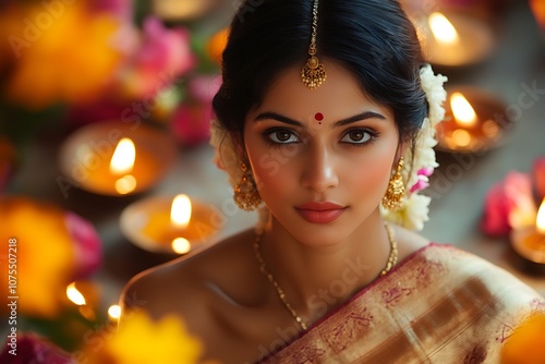 Woman in Golden Sari with Candlelight and Flowers3 photo