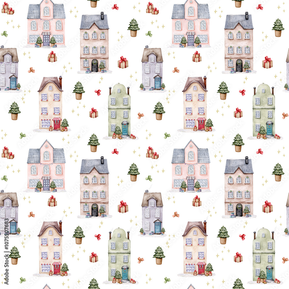 Fototapeta premium Seamless pattern with European traditional houses on white background. Christmas, winter, new year. Snow-covered city buildings decorated for the holiday. Hand drawn watercolor illustration.