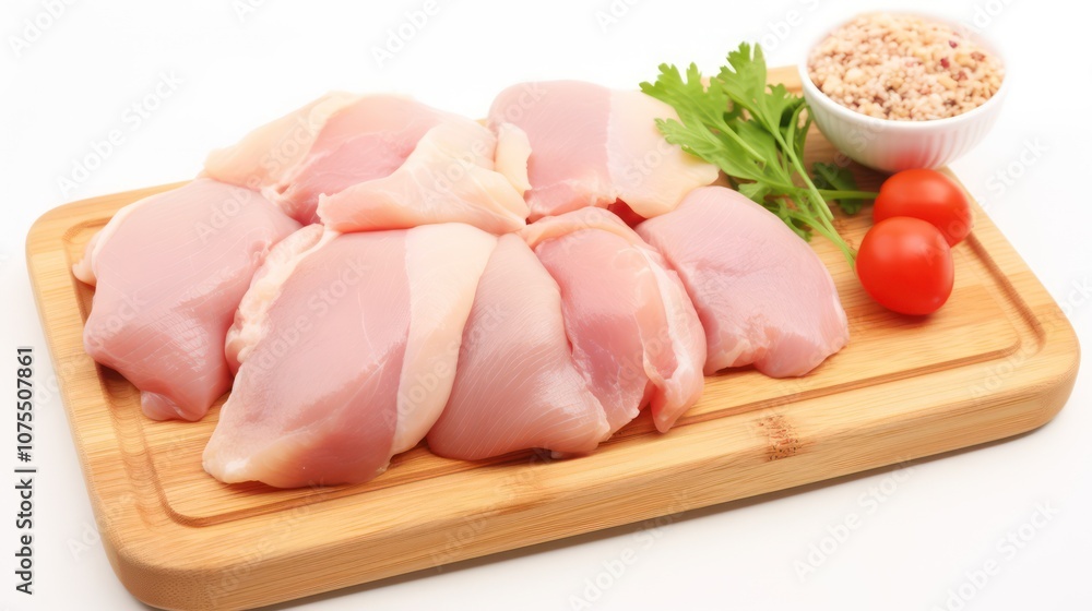 Raw chicken fresh meet portions on cutting board, uncooked food ingredient. Raw chicken fresh meet portions on cutting board, uncooked food ingredient.