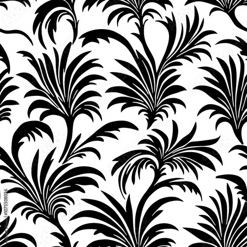 A stylish black and white tropical palm leaf pattern ideal for various design projects, such as wallpaper, fabric, or promotional materials, adding a chic and modern touch to any space,