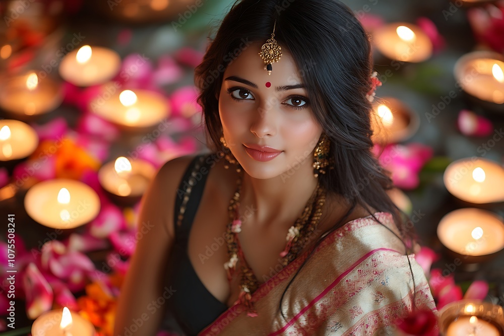 Woman in Golden Sari with Candlelight and Soft Eyes Woman in Golden Sari with Candlelight and Soft Eyes