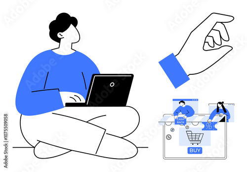 Person using a laptop while a hand gesture selects products with BUY button and various online shopping icons. Ideal for e-commerce, online shopping, digital marketing, consumer behavior, user