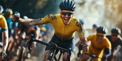A passionate cyclist celebrates victory in a muddy race. The vibrant yellow jersey stands out against the blurred background of fellow competitors. This dynamic action shot captures 