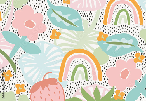 Abstract background flowers, rainbow, leaves, dots flat design