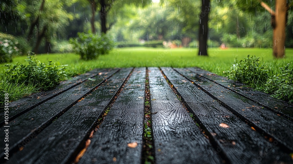 A serene wooden pathway in a lush, rainy garden setting. A serene wooden pathway in a lush, rainy garden setting.