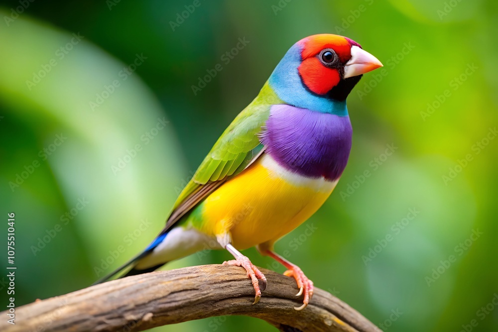 A vibrant Gouldian Finch resting on a textured branch, showcasing its colorful feathers in green, yellow, red, and purple, with a blurred lush green background. A vibrant Gouldian Finch resting on a textured branch, showcasing its colorful feathers in green, yellow, red, and purple, with a blurred lush green background.