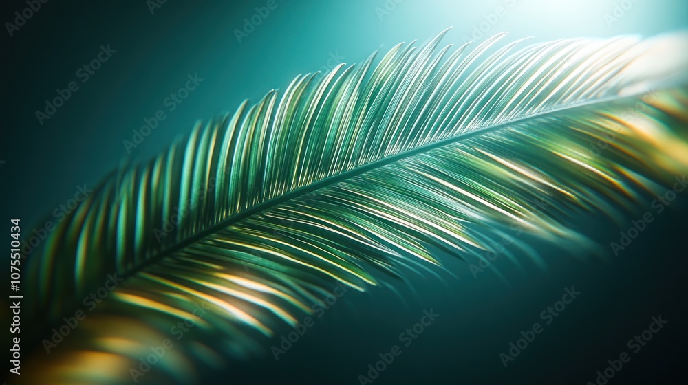 Fototapeta premium A single palm leaf illuminated by warm light against a teal backdrop.