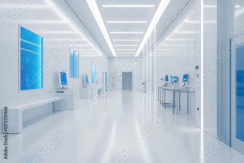 Interior of a futuristic semiconductor manufacturing lab in blue photo