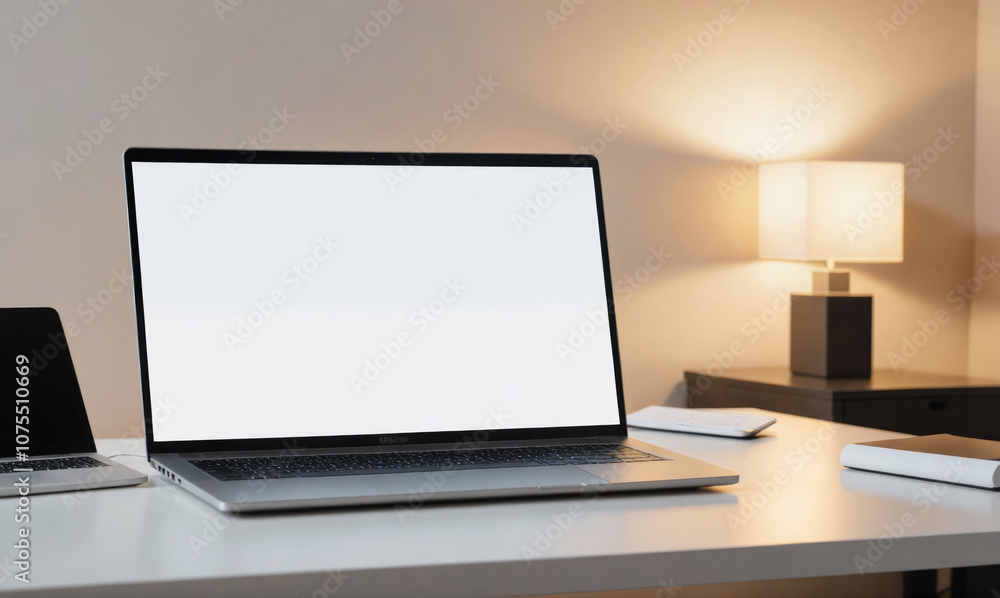 A laptop with a blank screen sits open on a white desk in an office A laptop with a blank screen sits open on a white desk in an office