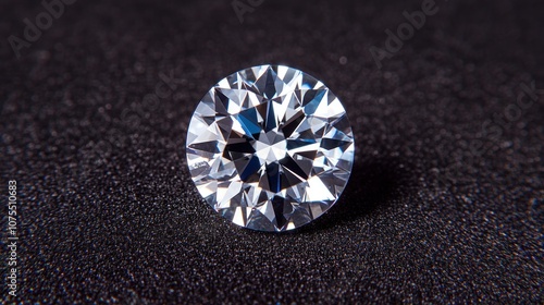 A single, round brilliant cut diamond on a black background.