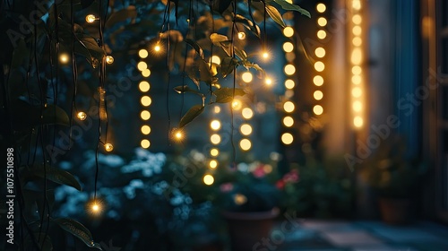 Twinkling fairy lights strung through greenery create a magical ambiance in a backyard.