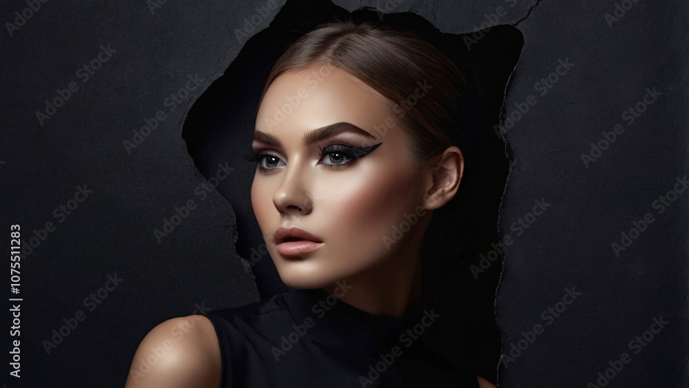 Fototapeta premium Striking portrait of a woman with flawless makeup and piercing blue eyes, framed by a torn black paper background. The dramatic lighting emphasizes her sharp features and smooth skin
