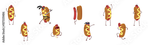 Funny Hot Dog Character with Face Different Activity Vector Set