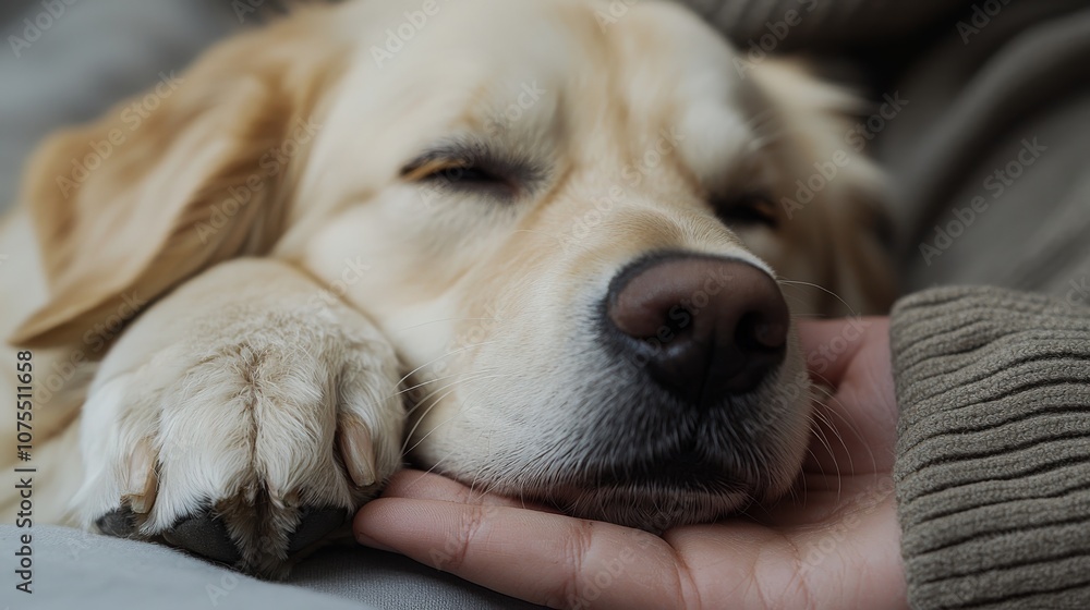 Golden retriever peacefully resting with a person's hand gently on its paw at home Golden retriever peacefully resting with a person's hand gently on its paw at home