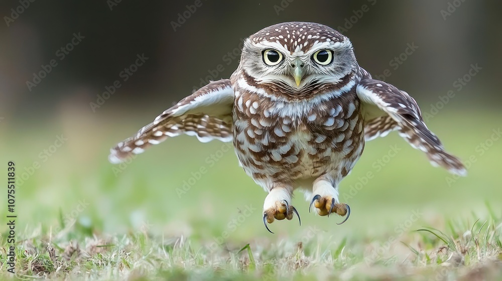 A small brown owl with large eyes and sharp talons hovers in mid-air, preparing to land on the green grass. A small brown owl with large eyes and sharp talons hovers in mid-air, preparing to land on the green grass.