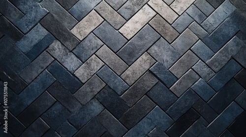 A close-up of a herringbone patterned tile floor in shades of blue and gray.