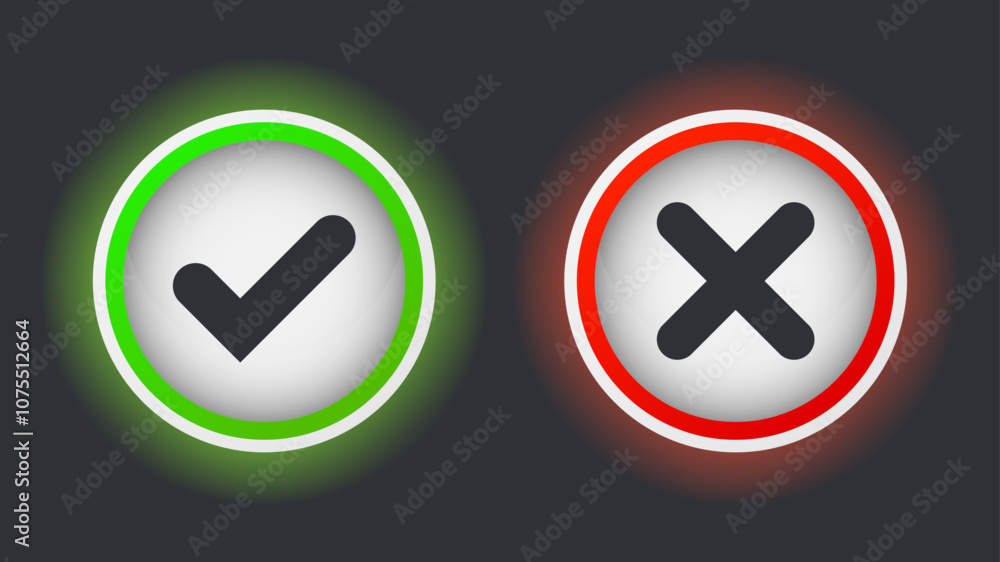 Vector mark icon button set. Right and wrong buttons. 3D style. Accept or decline buttons. Minimalistic symbols. Vector mark icon button set. Right and wrong buttons. 3D style. Accept or decline buttons. Minimalistic symbols.