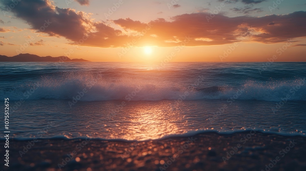 Obraz premium A beautiful sunset over the ocean with waves crashing on the shore.