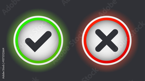Vector mark icon button set. Right and wrong buttons. 3D style. Accept or decline buttons. Minimalistic symbols.
