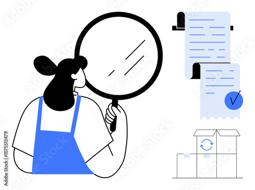 Woman examining with a magnifying glass and checklist documents. Ideal for themes of quality assurance attention to detail inspection document verification customer service and accuracy. Simplified