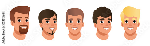 Man Smiling Face Head with Different Hairstyle Vector Set